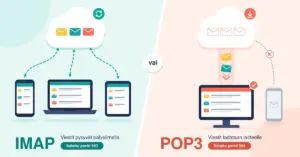 Kuvitus, jossa IMAP-puolella pilvipalvelimelle jäävät sähköpostit synkronoituvat kaksisuuntaisin nuolin puhelimeen, kannettavaan ja tablettiin, kun taas POP3-puolella viestit siirtyvät putkea pitkin palvelimelta yhdelle pöytäkoneelle, palvelin jää tyhjäksi eikä toinen puhelin saa viestejä.