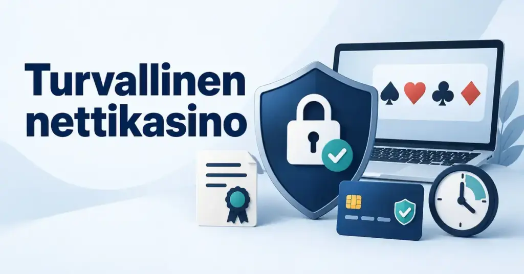 Turvallista nettikasinoa kuvaava kuvitus, jossa lukollinen suojakilpi, kannettava tietokone, lupatodistus, maksukortti ja kello havainnollistavat tietoturvaa ja vastuullista pelaamista.