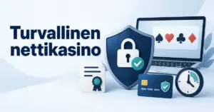 Turvallista nettikasinoa kuvaava kuvitus, jossa lukollinen suojakilpi, kannettava tietokone, lupatodistus, maksukortti ja kello havainnollistavat tietoturvaa ja vastuullista pelaamista.