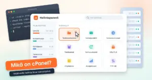 Kuvitus webhotellin hallintapaneelista, jossa on levytilan ja kaistanleveyden käyttömittarit sekä työkaluruudut kuten Tiedostonhallinta, Sähköpostitilit, Verkkotunnukset, Tietokannat ja Varmuuskopiot, taustalla komentorivi-ikkuna ja palvelinkaappi sekä teksti ”Mikä on cPanel? Webhotellin hallinta ilman komentoriviä”.