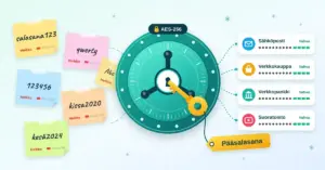 Kuvitus, jossa heikkoja salasanoja kuten "salasana123" ja "qwerty" sisältävät muistilaput imeytyvät AES-256-salattuun holviin, jonka kultainen pääsalasana-avain avaa, ja holvista tulee ulos siistejä kortteja sähköpostin, verkkokaupan, verkkopankin ja suoratoiston vahvoista salasanoista.
