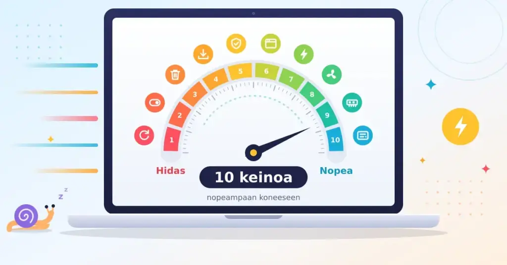 Kuvitus kannettavasta tietokoneesta, jonka näytöllä on kymmenestä numeroidusta lohkosta koostuva nopeusmittari – lohkojen kuvakkeina muun muassa uudelleenkäynnistys, levytilan vapautus, tietoturva, tuuletin, RAM-muisti ja SSD-asema – ja viisari osoittaa lähes Nopea-päähän, kun etana jää koneen taakse.