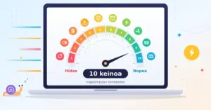 Kuvitus kannettavasta tietokoneesta, jonka näytöllä on kymmenestä numeroidusta lohkosta koostuva nopeusmittari – lohkojen kuvakkeina muun muassa uudelleenkäynnistys, levytilan vapautus, tietoturva, tuuletin, RAM-muisti ja SSD-asema – ja viisari osoittaa lähes Nopea-päähän, kun etana jää koneen taakse.
