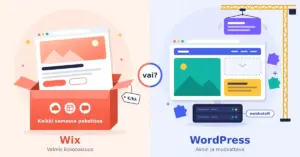 Kuvitus, jossa vasemmalla Wixiä kuvaavasta avatusta paketista nousee valmis verkkosivu kuukausimaksun hintalapun kera ja oikealla WordPress-sivua kootaan nosturilla lohko kerrallaan erillisen webhotellipalvelimen päälle lisäosia kuvaavien palapelin palojen ympäröimänä.