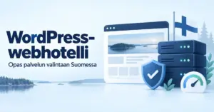 WordPress-webhotellia esittävä kuvitus, jossa näkyvät verkkosivu, palvelimet, tietoturvakilpi, nopeusmittari ja Suomen lippu sinisävyisessä järvimaisemassa.